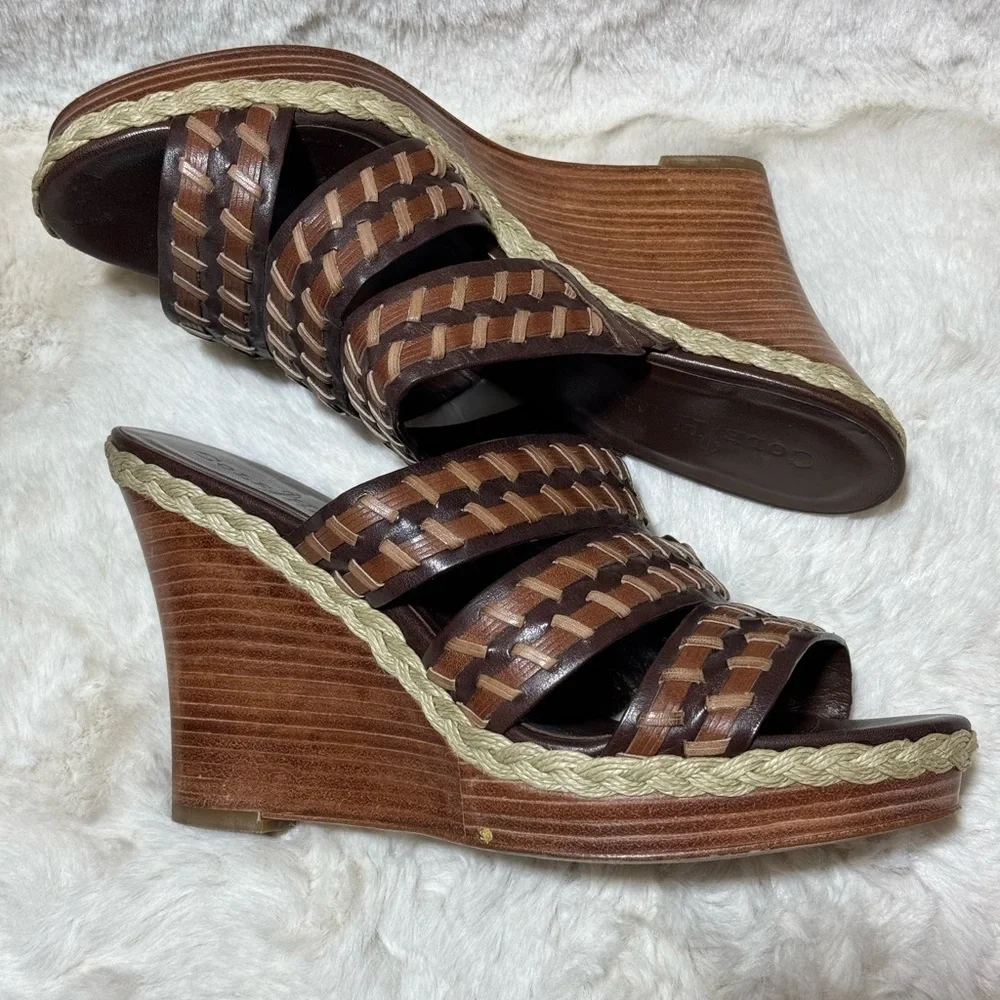 COLE HAAN stitch wedge brown heal leather espadrille slides shoes 7.5B
